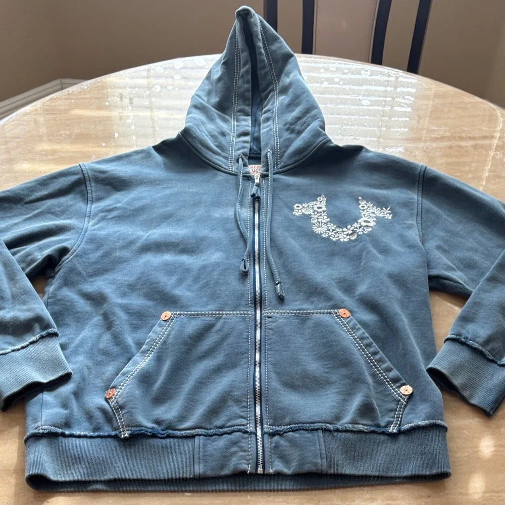 True Religion Blue Hoodie with Embroidered Logo. Unisex